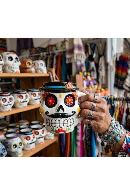 Şapkalı ve Bıyıklı Sugar Skull 3D Figürlü Porselen Kupa – Özel Tasarım Sanatsal İçecek Bardağı