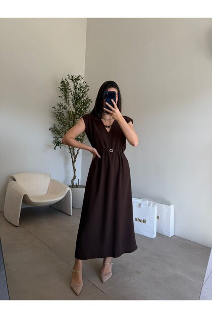 Coffee V-Neck Pocketed Dress