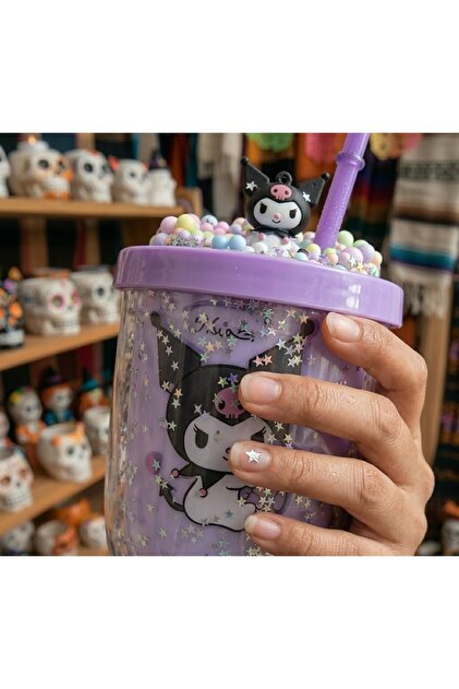 Sanrio "Kuromi" Temalı Pipetli ve Simli Çift Katmanlı Bardak Seti – Renkli ve Işıltılı Tasarım