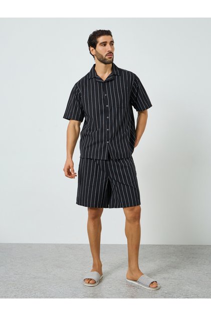 Men Black Striped Cotton Shirt and Shorts Set