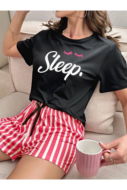 Black Slogan Text Print T-Shirt and Striped Shorts Set