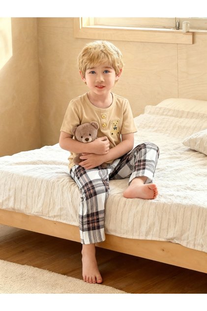 Boys Bear Print T-Shirt and Checked Pyjama Set