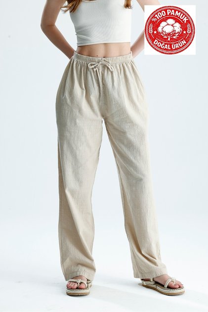 Women's 100% Cotton Palazzo Pants Beige High Waist Wide Leg Summer Casual Pants