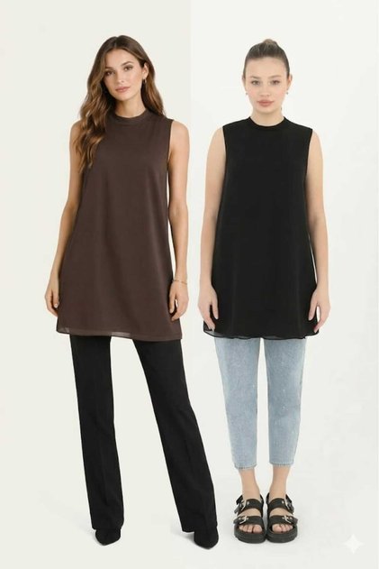 Women's Brown + Black Colors 2-Piece Set Sleeveless Chiffon Detailed Front Tunic/Undergarment 10270