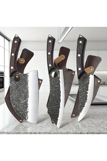 طقم سكاكين 3 قطع أسود مع أغطية واقية، يشمل سكين تقطيع رئيسي، سكاكين لحم، و سكاكين تقطيع متعددة الاستخدامات