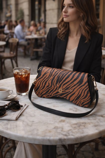 Gold Buckled Zebra Patterned Women's Shoulder Bag Baguette Model