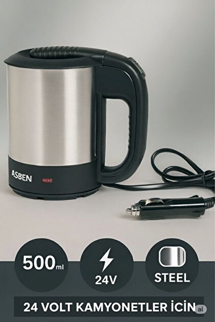 24 Volt Kamyonet türü Araç Kettle Araba Su Isıtıcı Çelik Kettle(YARIM LİTRE HACİM)