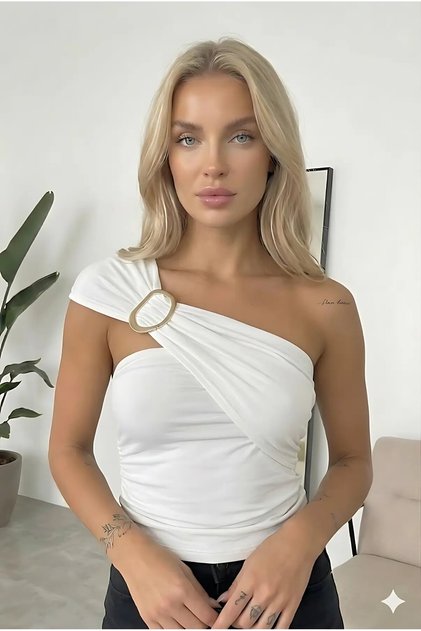 Women's White Gold Buckle Detail Shoulder Drape Detailed Sandy Blouse Hzl26W-Fry123741