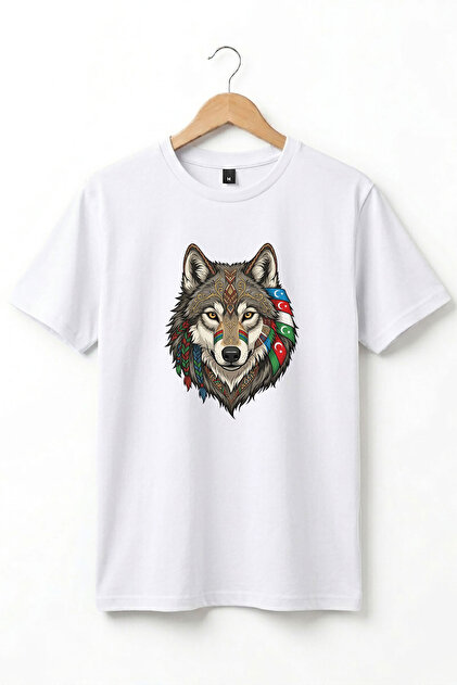 Kurt Turan Printed Turkish States Designed Gray Wolf and Moon Star Basic Regular Fit T-Shirt