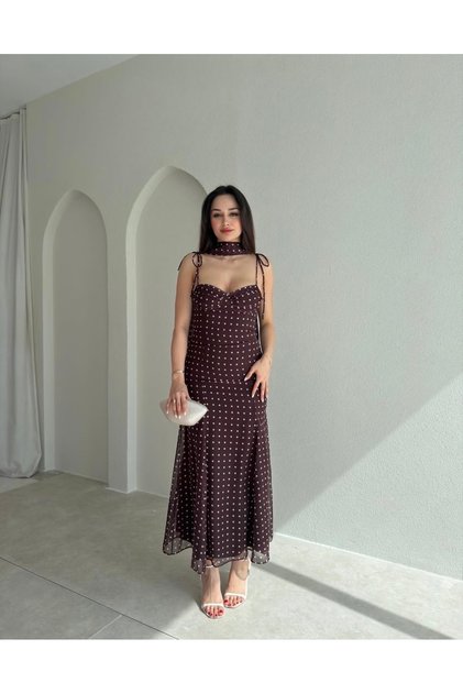 ŞAL DETAYLI VE PUANTİYELİ YENİ SEZON KAHVERENGİ İZO ELBİSE