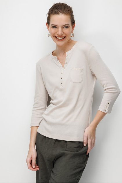 Women's Open Collar, Metal Buttoned Sleeves, Cotton Piece Combed Cotton Blouse 26805 Beige