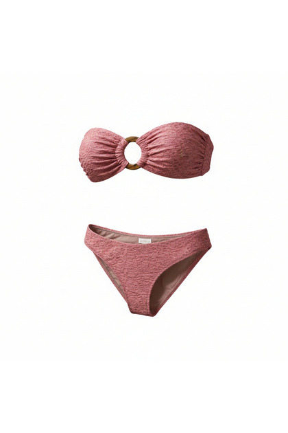 Textured Pink Bikini Set with Buckle Accessories