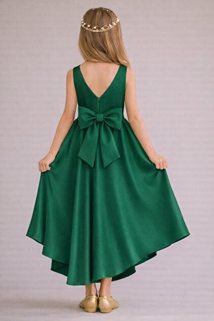 NSMLFE Girl's Emerald Green Asymmetrical Skirt Detailed Simple Stylish  Satin Ball Gown Birthday Prom Graduation Dress- Trendyol