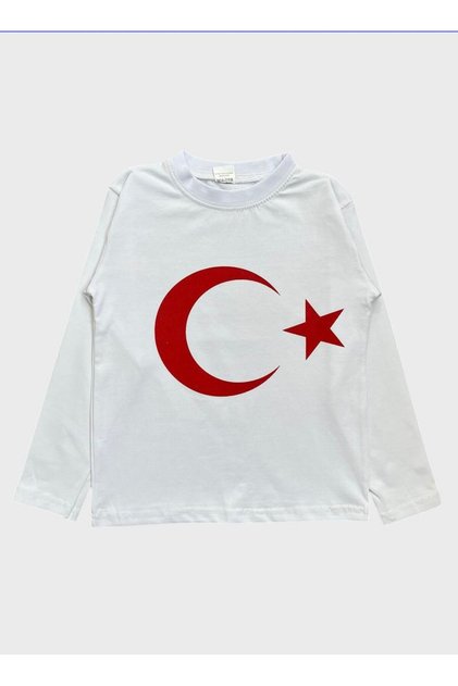 Children's Cotton White Red Crescent Star Patterned Long Sleeve Crew Neck Tshirt