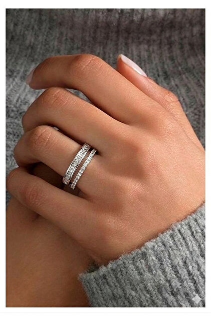 Double Row Stone Premium Silver Color Ring (Adjustable)