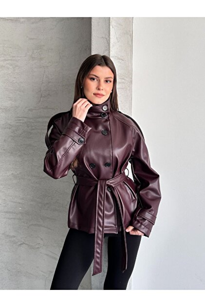 Hakim Collar Detail Short Leather Trench Coat