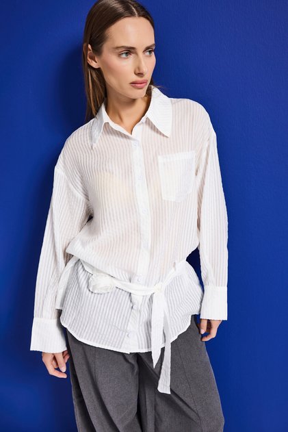 Women's White W5 Oversized Belt Detail Special Fabric Design Shirt