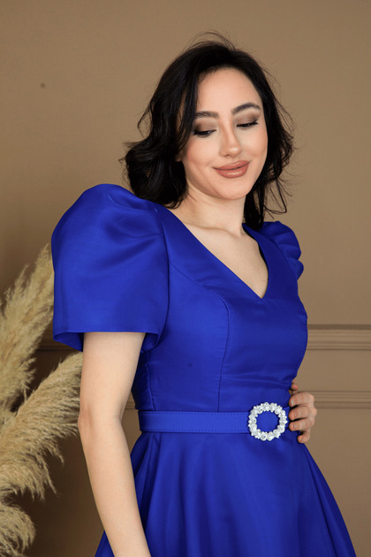 BEYBOS Organza Chiffon Short Sleeve Midi Length Dress - Cobalt Blue-  Trendyol