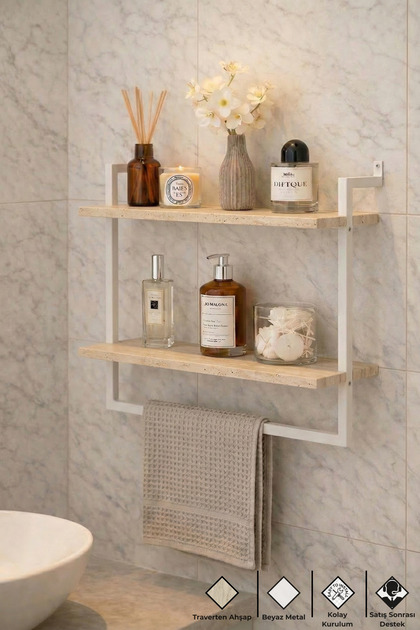 60x20 cm Banyo Rafı Duvara Monte Havluluk 2 Katlı Dekoratif Düzenleyici Organizer Beyaz Metal