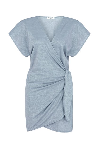 Side-Tie Glittery Baby Blue Double-Breasted Short Dress