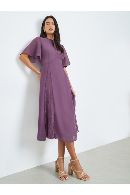 Purple Lace Detail Short Sleeves A-Line Midi Dress