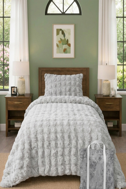 Bubble Peluş Tek Kişilik Yatak Örtüsü Seti Kılıf Çanta Hediyeli 170x220cm + Yastık Kılıfı GRİ