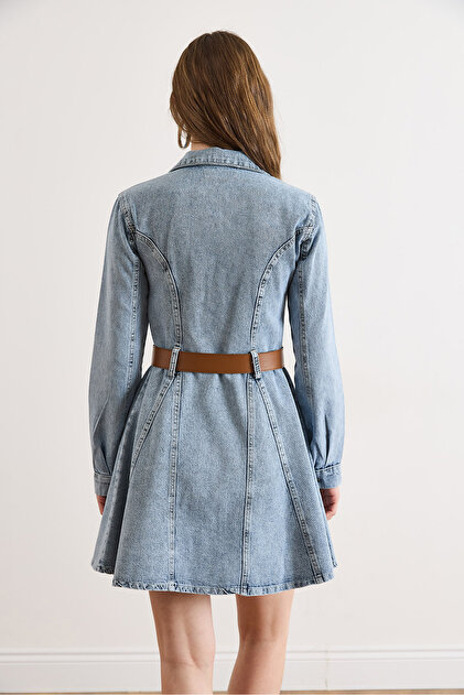 Olalook Women's Light Blue Belt Li Ruffled Pocketed Mini Denim Dress  Elb-19002554- Trendyol