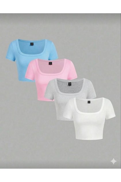 Women's 4-Pack Corded Fabric Ribbed Knit Cotton Pack Body-Hugging Square Collar Cropped T-Shirt
