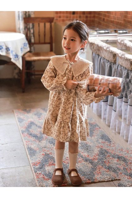 Girls Floral Print Peter Pan Collar Ruffled Hem Dress