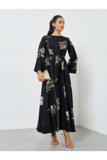 Black Floral Foil Print Jalabiya with Tie Belt