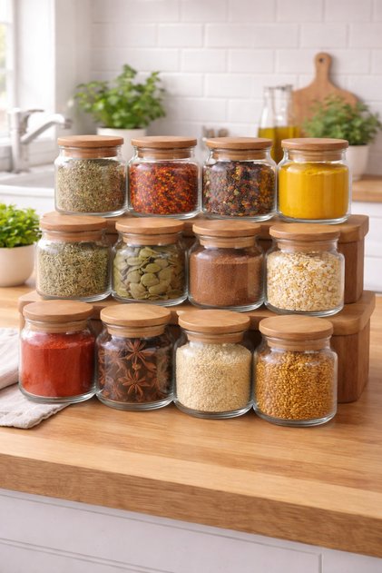 Pureglass Set of 12 300 ml Vacuum Glass Spice Containers with Natural Wooden Lids – Labeled, Leak-Proof Lids