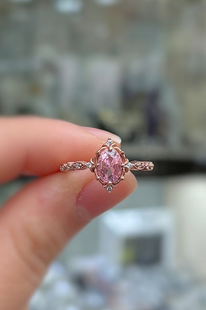 925 Ayar Gümüş Oval Pembe Taşlı Vintage Tasarım Kadın Yüzük