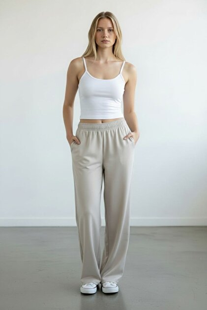 Women's Beige Wide Leg Oversized Sweatpants