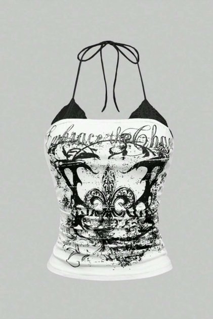 Lace Li Embrace the Chaos Gothic Y2K Halter Neck Tie-Detail Cropped
