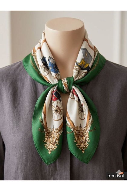 Women's Emerald Green Car Patterned Silk Scarf 70X70