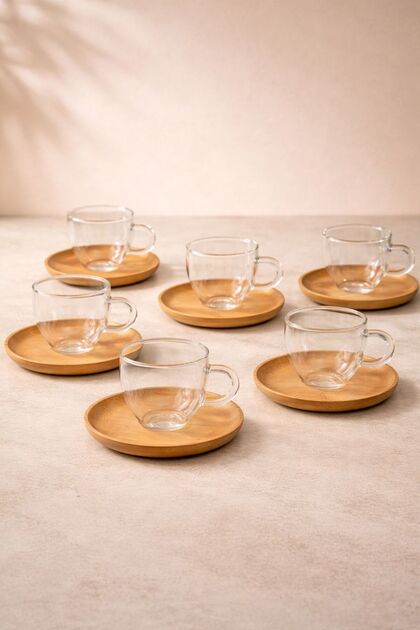 6-Person Glass Coffee Cup Set with Bamboo Saucers 90ml