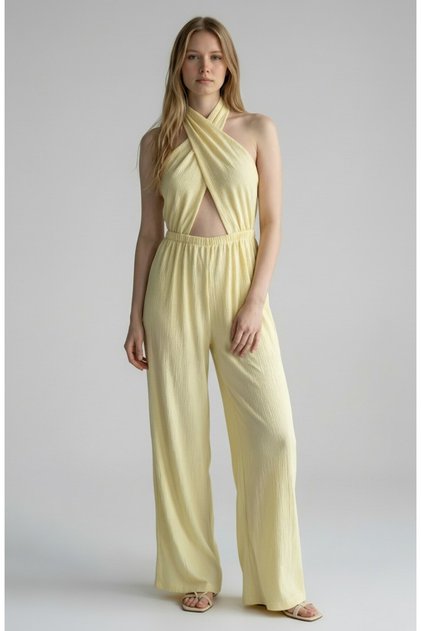 Women's Yellow Halter Neck Jumpsuit Tie-Detail Backless