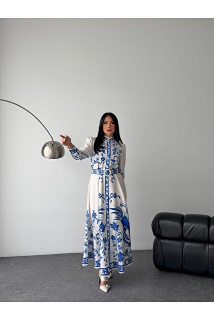 Women's White-Blue Atlas Fabric Mock Neck Belt Pack Maxi Dress Jen2646