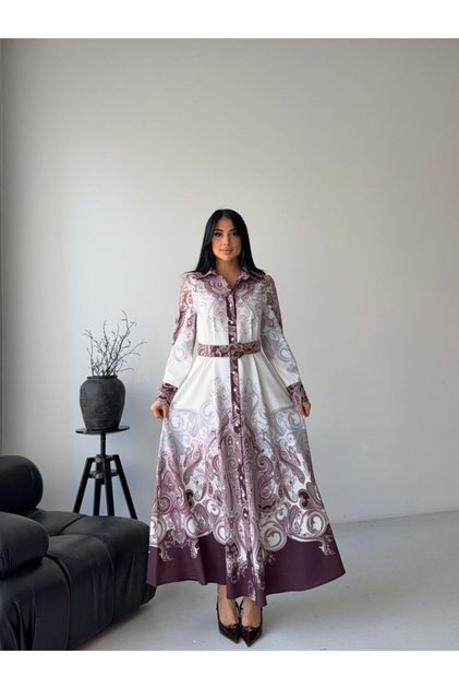 Women's White-Claret Red Atlas Fabric Shirt Collar Ethnic Patterned Belt Pack Maxi Dress Jen2648