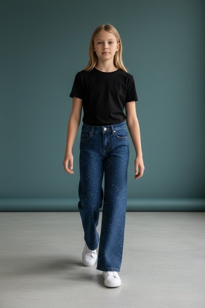 Girl's Wideleg Stone Embroidered Jean Trousers