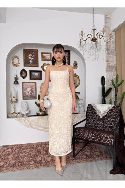 Miss Beyolu Women's Beige Embroidered Lined Thread Strap Maxi Dress-  Trendyol