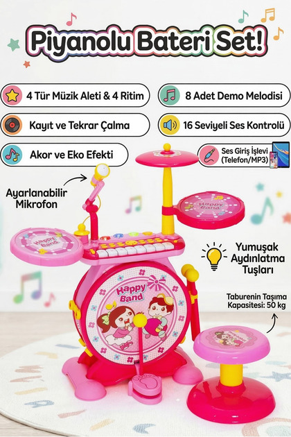 Işıklı Piyanolu Bateri Seti - Mikrofonlu, Tabureli ve MP3 Bağlantılı Çocuk Müzik Eğitim Seti