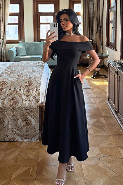 TANISA Black Creil Strappy Double Fabric Long Dress Tns-4422- Trendyol