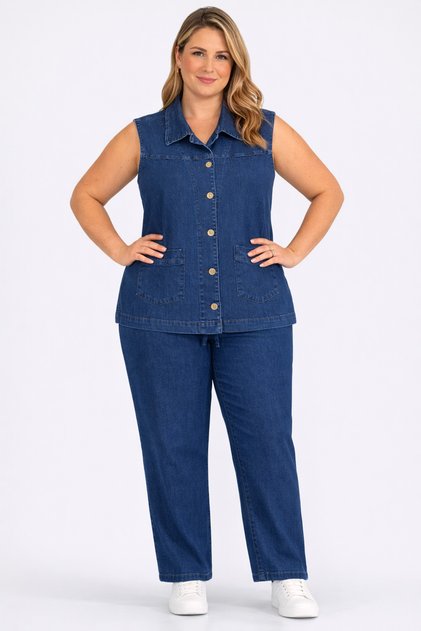 Women's Plus Size Laci,Kot Vest + Elastic Waist, High Waist Stretch Fabric Denim Pants 2-Piece Set 65N39419