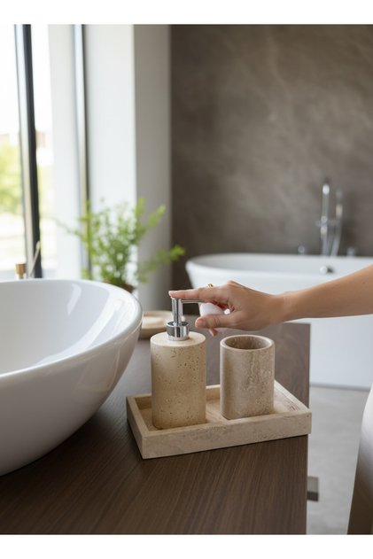 Bathroom Liquid Soap Dispenser Natural Stone Travertine Handmade Chrome Color Soap Dispenser and Toothbrush Holder Set