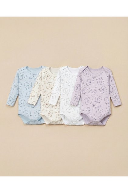 - 4-Piece Long Sleeve Baby Bodysuit Set | Bear Motif
