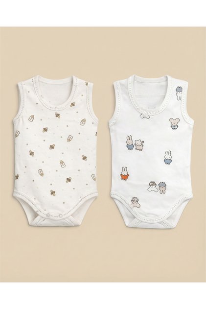 - 2-Piece Zero Sleeve Baby Bodysuit Set | Rabbit & Baby Bottle Motif