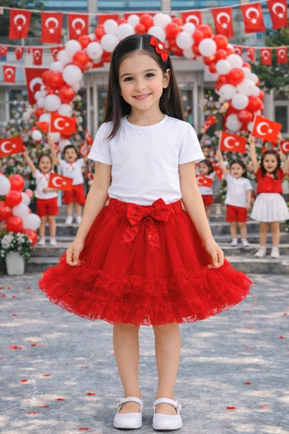 Girl's Red Bow Tutu Skirt – School Event and Holiday Performance Skirt for Ages 5-13