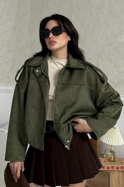 ZR Oversize Women's Bomber Khaki Suede Jacket