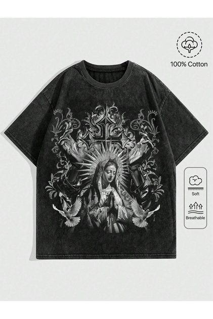 Vintage Gothic Angel Graphic Yıkamalı Oversize T-Shirt